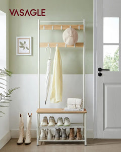Light wood coat stand with 9 hooks, storage shelves and shoe bench