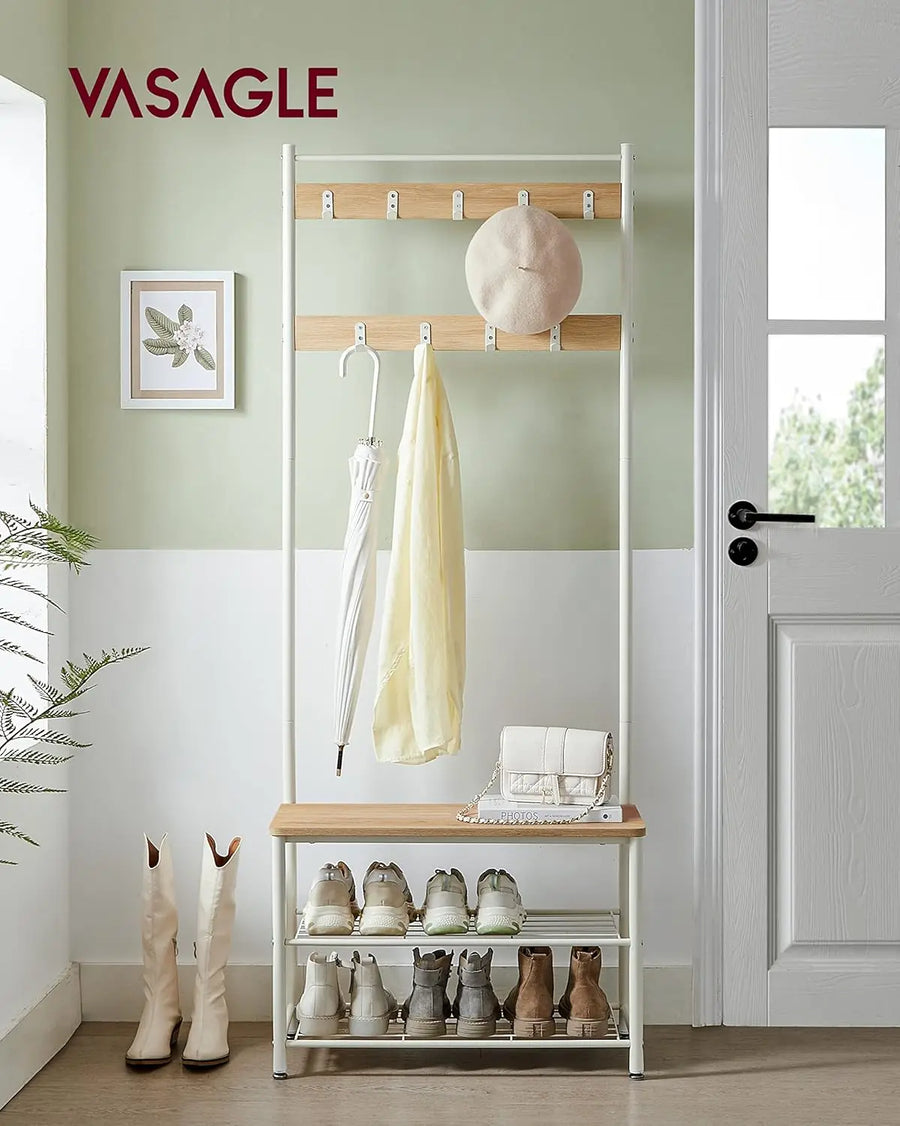 Light wood coat stand with 9 hooks, storage shelves and shoe bench