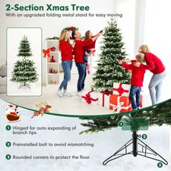 2-section artificial Christmas tree with folding metal stand and green hinged branches