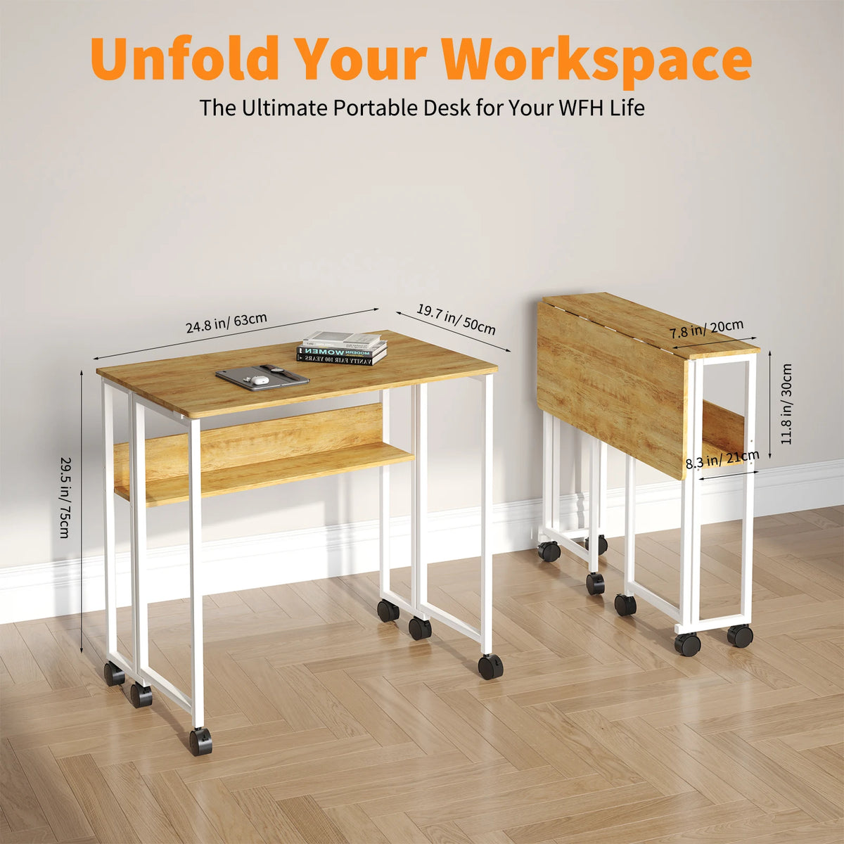 Folding computer desk on wheels, light wood top, white frame, folded size view
