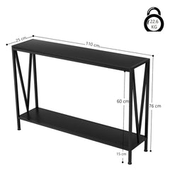 Black 2-tier console table, 110 cm long and 60 cm deep, with V-shaped metal legs.