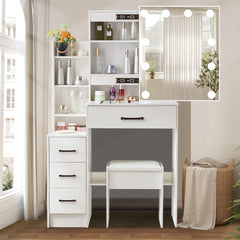 White dressing table vanity with LED bulb mirror, three drawers, and cushioned stool