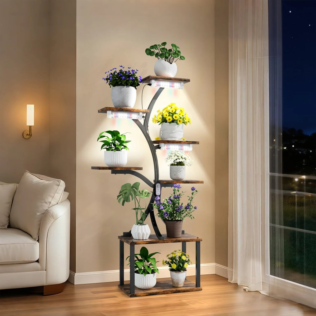 Tree-shaped 7-tier metal plant stand with potted plants and illuminated built-in lights