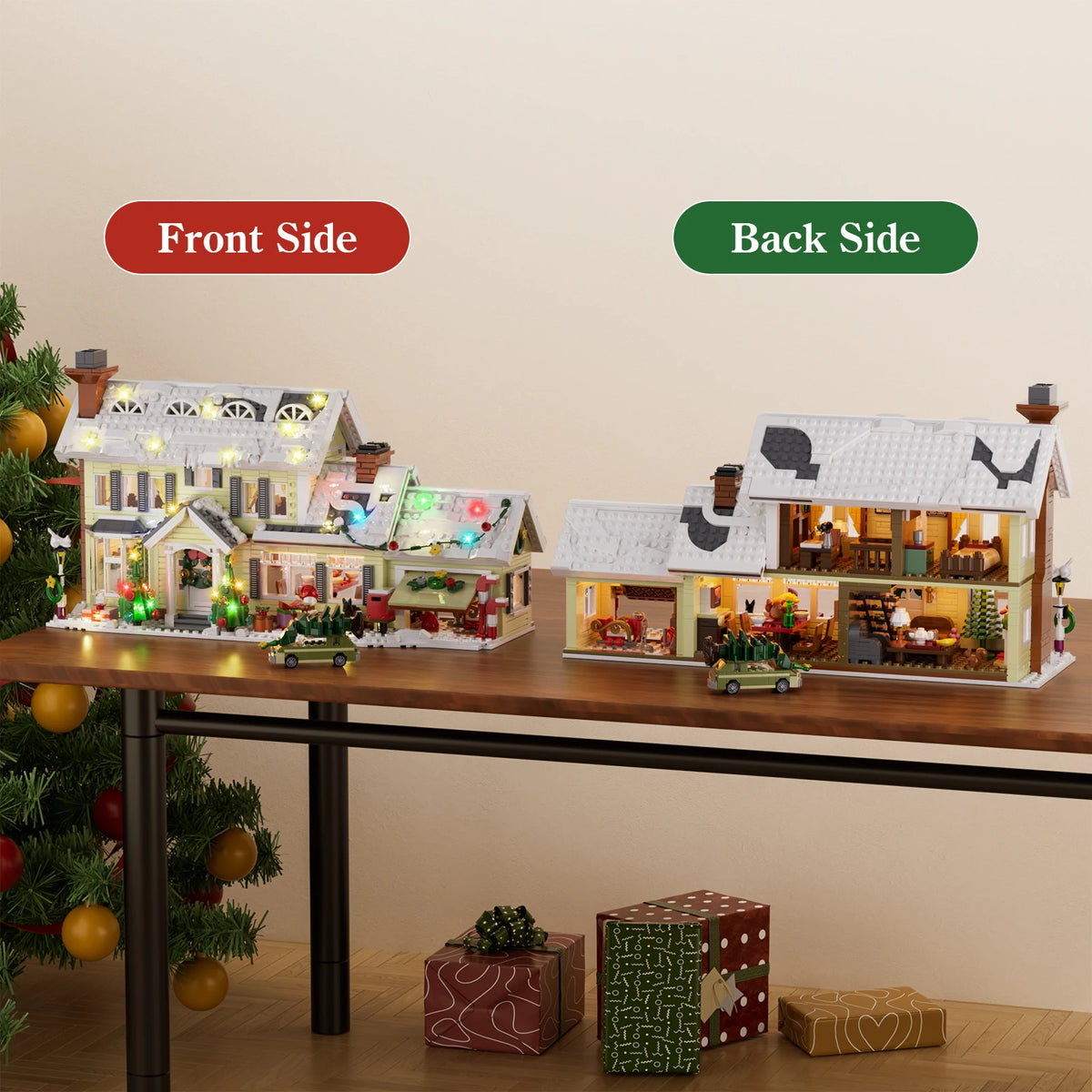 Christmas house building blocks set showing front and back views with lit details