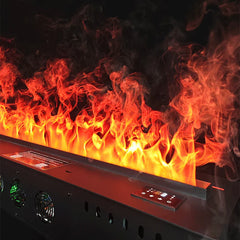 Black plug-in electric fireplace with bright orange 3D flame effect