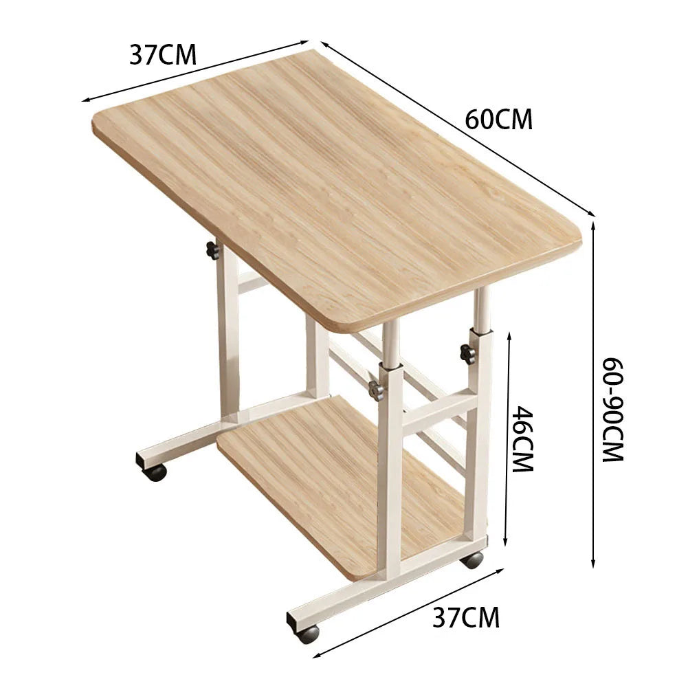 Light wood lift-top bedside desk table with lower storage shelf and wheels