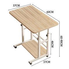 Light wood lift-top bedside desk table with lower storage shelf and wheels