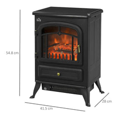 Black freestanding electric fireplace stove with arched glass window and front control panel