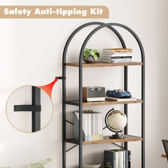 5-tier arched open bookcase showing anti-tip kit and black metal frame