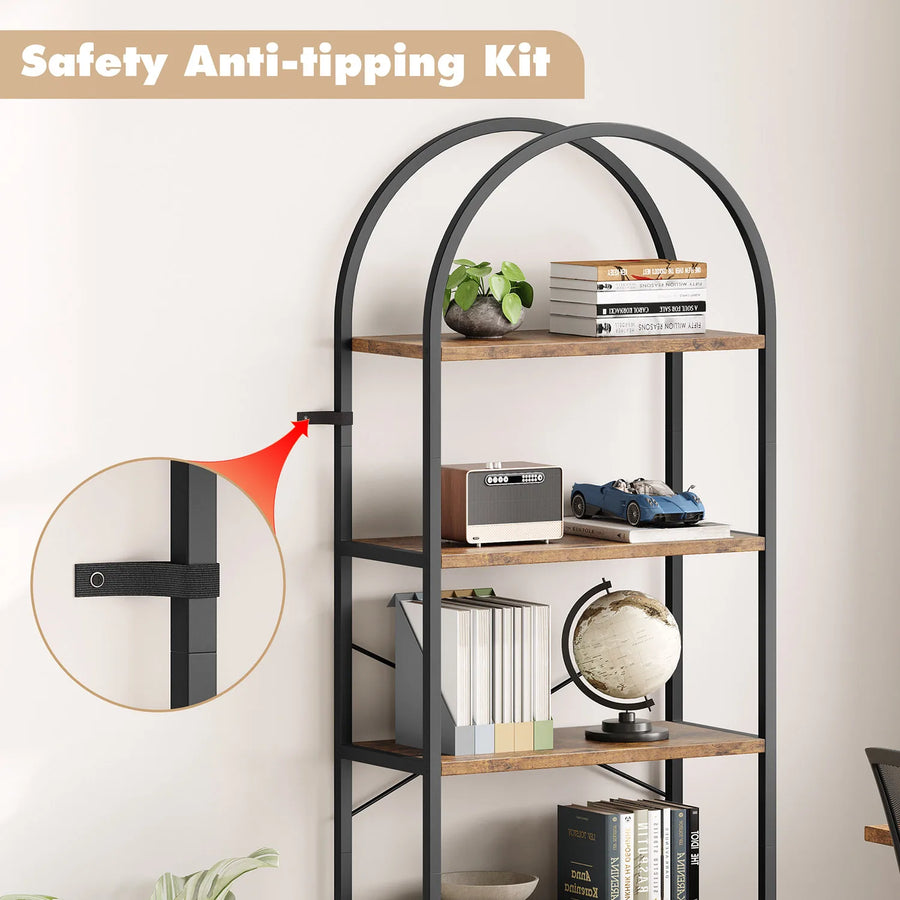 5-tier arched open bookcase showing anti-tip kit and black metal frame