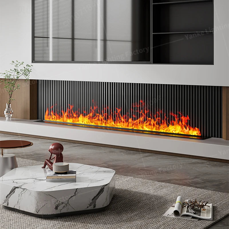 Embedded electric fireplace with orange flame strip in a wall-mounted niche