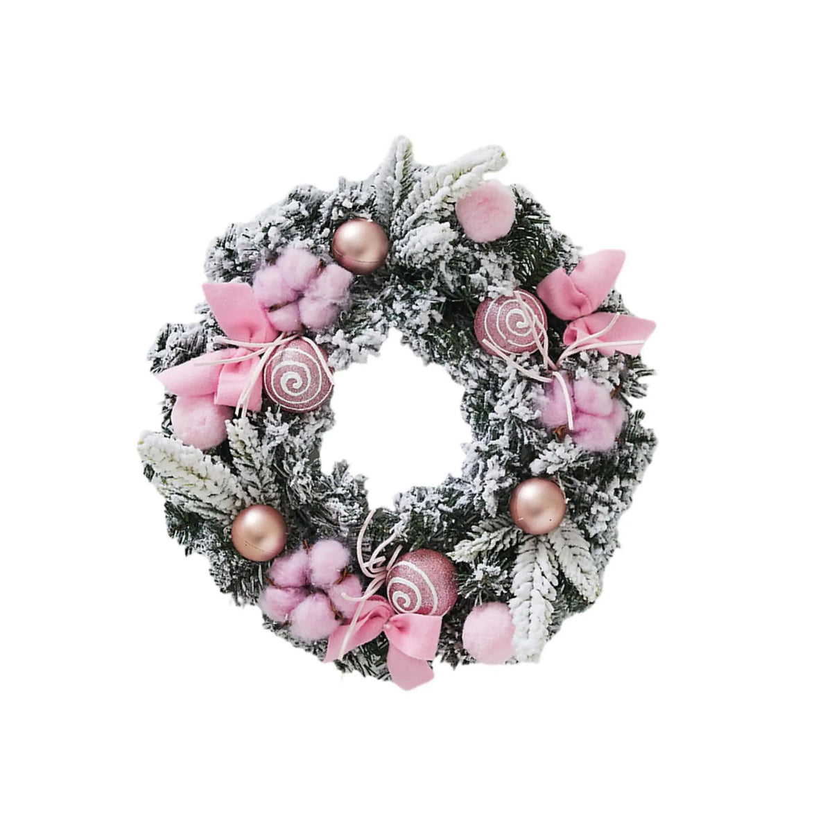 Front-facing frosted pine wreath with pink ribbons, pom poms, and rose-gold ornaments.