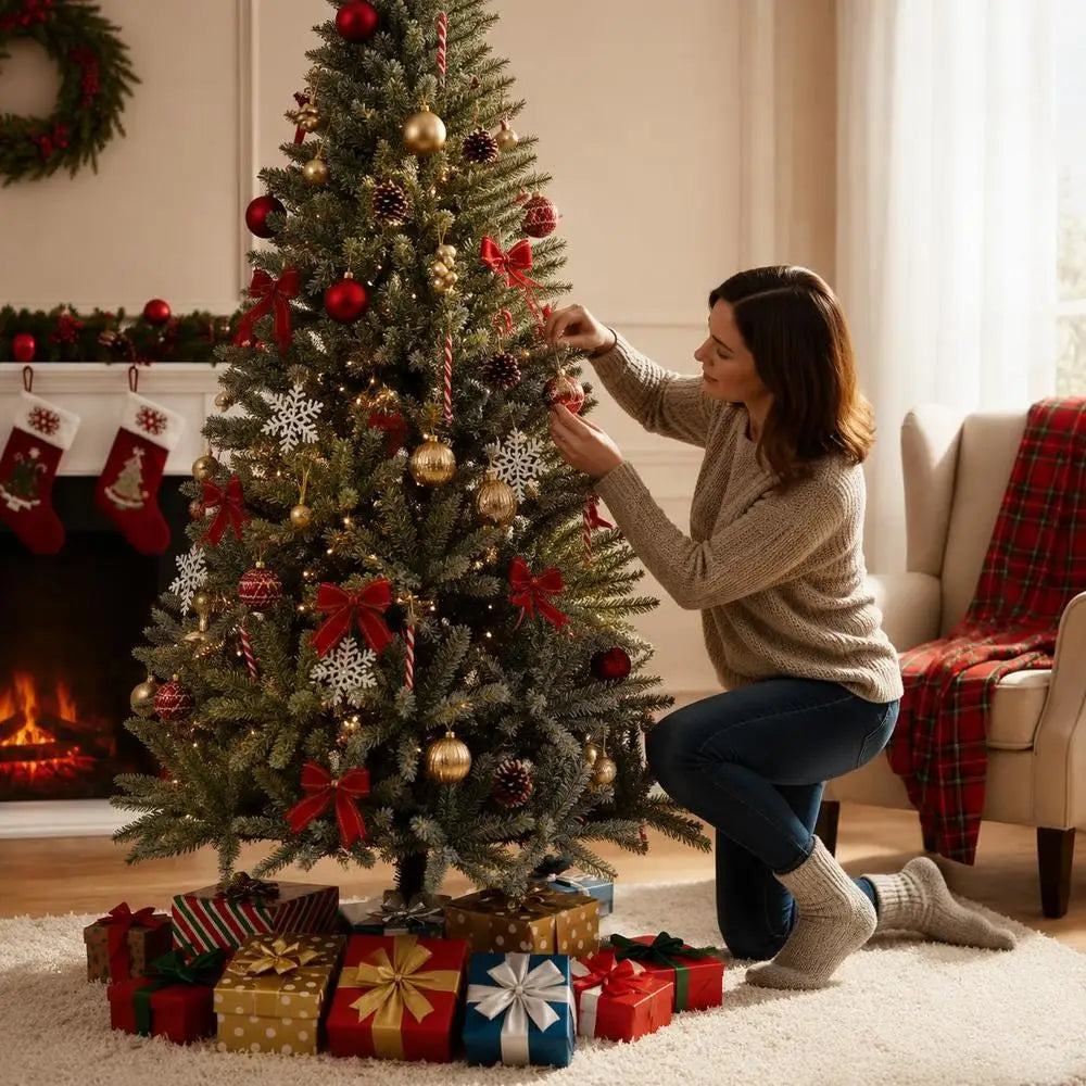 Pre-lit artificial Christmas tree, green branches with red baubles and ribbon bows