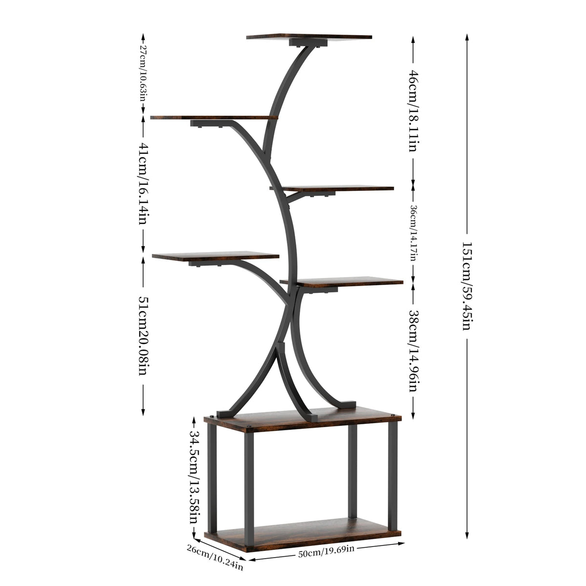 Tree-shaped metal 7-tier plant stand with black curved frame and wooden shelves