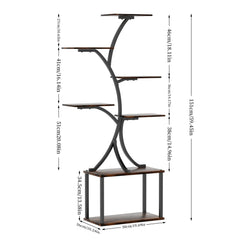Tree-shaped metal 7-tier plant stand with black curved frame and wooden shelves
