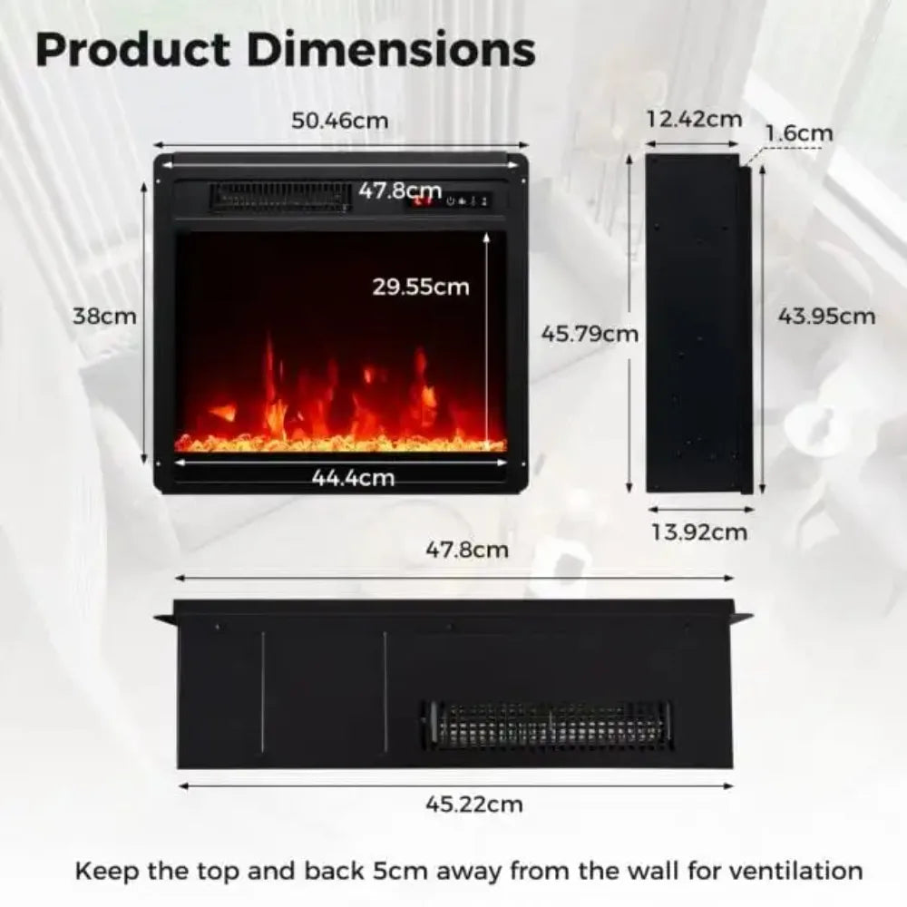 Electric fireplace insert dimension diagram with front and side size measurements