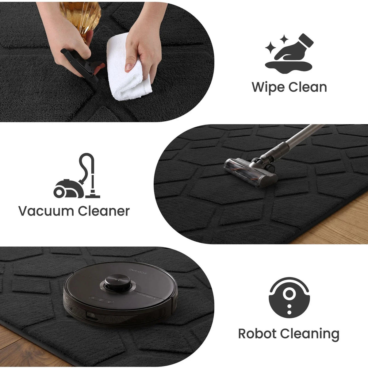 Black geometric area rug with hex pattern, shown with wipe-clean and vacuum-friendly use