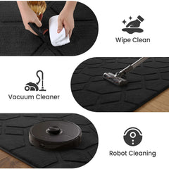 Black geometric area rug with hex pattern, shown with wipe-clean and vacuum-friendly use
