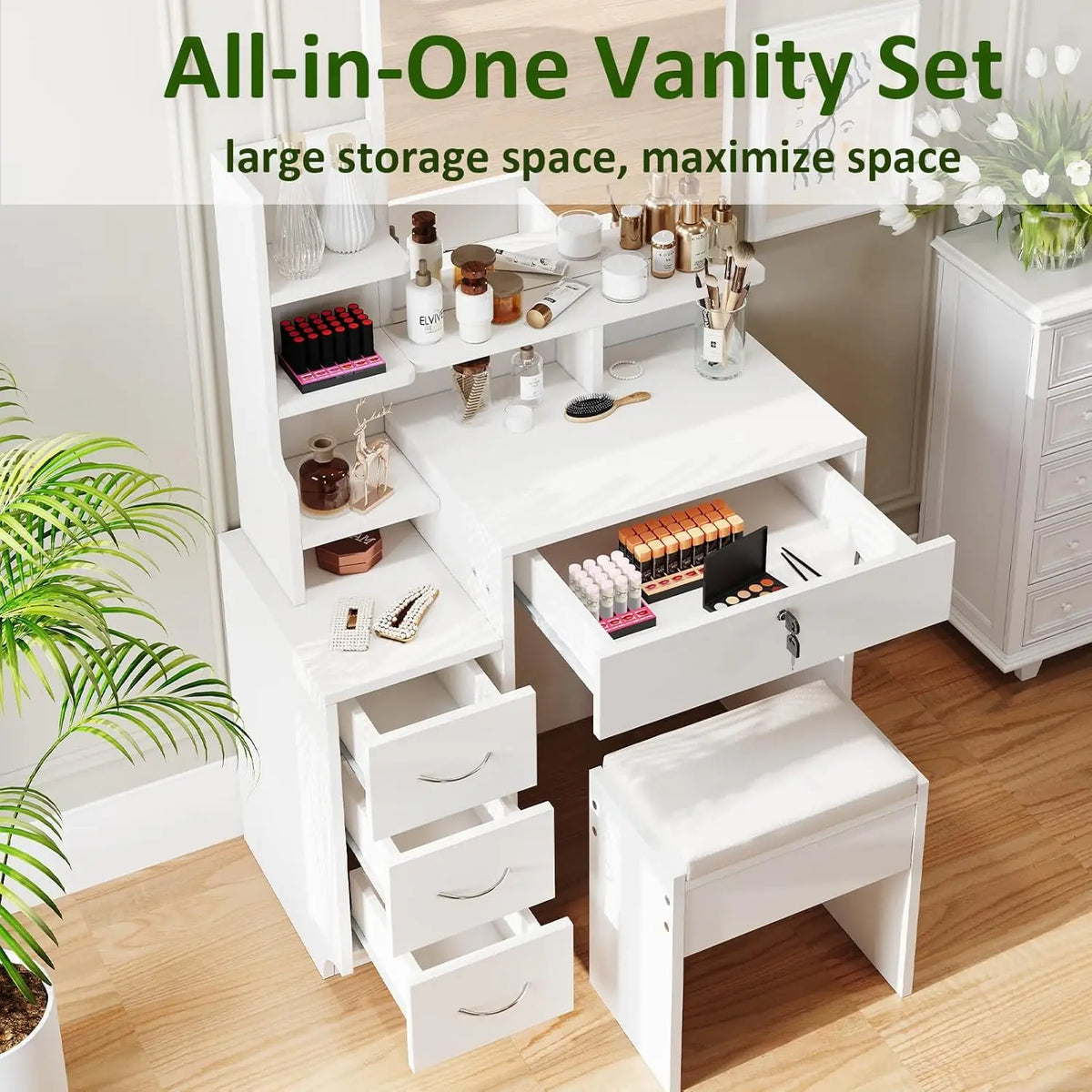 White vanity dressing table set with open storage shelves and matching stool