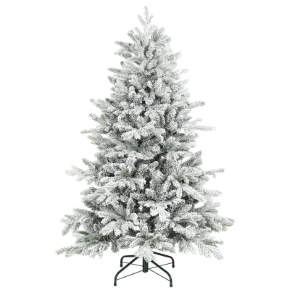 Standalone snow-flocked artificial Christmas tree with dense white branches and metal stand