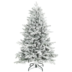 Standalone snow-flocked artificial Christmas tree with dense white branches and metal stand