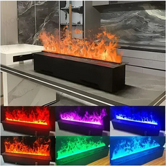 Electric fireplace TV stand with black frame and multicolor flame effects, room view