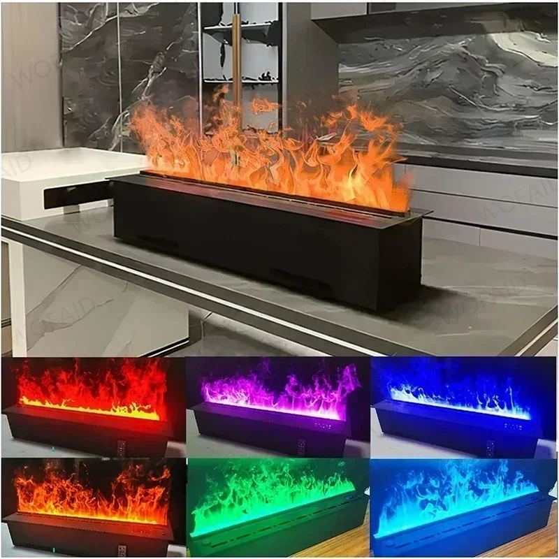 Electric fireplace TV stand with black frame and multicolor flame effects, room view